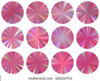 Rose gold round metallic gradient web elements vector set. Isolated modern medal shapes. Banner metal gradient texture templates. Label backgrounds graphic design.
