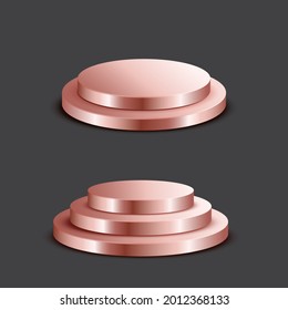 Rose gold round pedestal empty isolated on gray background. Vector podium for product demonstration.