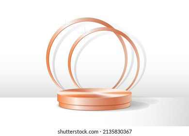 Rose Gold Round Podium Minimalist Blank Display Scene with White Background. Product Showcase. Vector Illustration