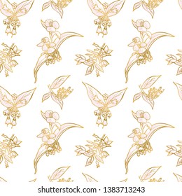 Rose and gold seamless pattern. Floral wedding background or wrapping paper design. Brochure endless backdrop. Vector