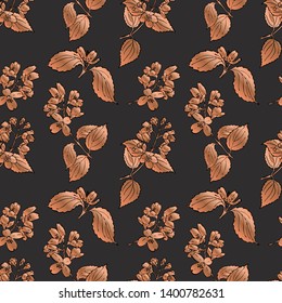 Rose gold seamless pattern. Floral wedding background or wrapping paper design. Brochure endless backdrop. Vector
