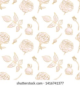 Rose and gold seamless pattern. Floral wedding background or wrapping paper design. Brochure endless backdrop. Vector