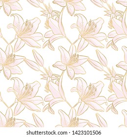 Rose and gold seamless pattern. Floral wedding background or wrapping paper design. Brochure endless backdrop. Vector
