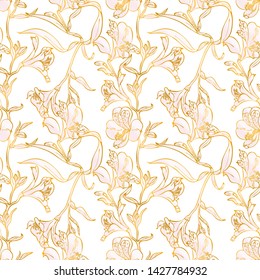 Rose and gold seamless pattern. Floral wedding background or wrapping paper design. Brochure endless backdrop. Vector