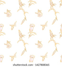 Rose and gold seamless pattern. Floral wedding background or wrapping paper design. Brochure endless backdrop. Vector