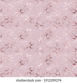 Rose gold seamless pattern. Pink luxury texture foil. Repeated abstract beauty background. Repeating glam glitter marble. Beautiful roses golden. Delicate sparkle. Elegant design prints. Vector