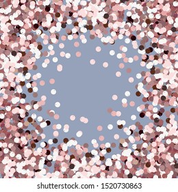 Rose gold sequins frame background. Pink gold confetti.