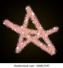 Rose Gold Shining Star Background. Hand Drawn Star Symbol Isolated on Black Background. Rose Gold Star with Sparkles. Glitter Star. Rose Gold Dust in Star Shape. Star Background. Vector Illustration.