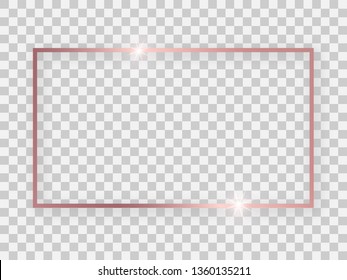 Rose gold shiny 16x9 rectangular frame with glowing effects and shadows on transparent background. Vector illustration
