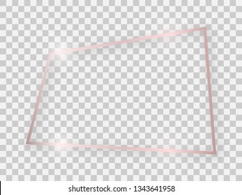Rose gold shiny rectangular frame with glowing effects and shadows on transparent background. Vector illustration