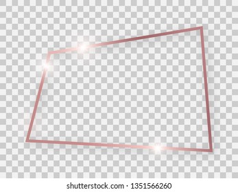 Rose gold shiny rectangular frame with glowing effects and shadows on transparent background. Vector illustration