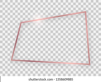 Rose gold shiny rectangular frame with glowing effects and shadows on transparent background. Vector illustration