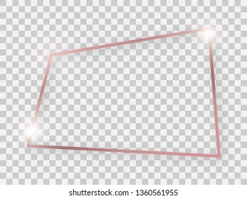 Rose gold shiny rectangular frame with glowing effects and shadows on transparent background. Vector illustration
