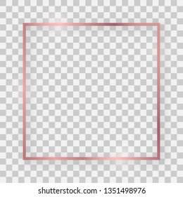 Rose gold shiny square frame with glowing effects and shadows on transparent background. Vector illustration
