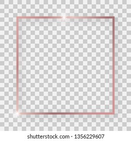 Rose gold shiny square frame with glowing effects and shadows on transparent background. Vector illustration