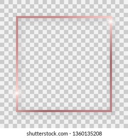 Rose gold shiny square frame with glowing effects and shadows on transparent background. Vector illustration