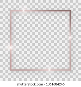 Rose gold shiny square frame with glowing effects and shadows on transparent background. Vector illustration