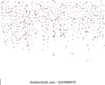 Rose Gold And Silver Confetti Flying On White Graphic Design. Glamour Tinsel Sparkle Elements Flying, Gradient Foil Texture Serpentine Streamers Confetti Falling Festive Backdrop.