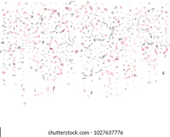 Rose Gold And Silver Confetti Flying On White Poster Background. Modern Tinsel Sparkle Elements Flying, Gradient Foil Texture Serpentine Streamers Confetti Falling Anniversary Background.