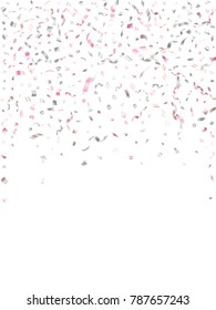 Rose gold and silver confetti flying on white banner backdrop. Chic tinsel sparkle elements flying, gradient foil texture serpentine streamers confetti falling birthday backdrop.