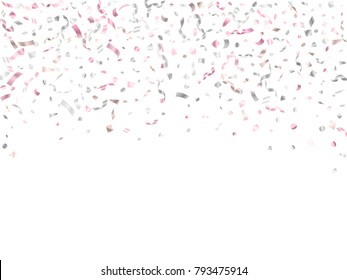 Rose gold and silver confetti flying on white poster backdrop. Modern tinsel sparkle elements flying, gradient foil texture serpentine streamers confetti falling New Year backdrop.