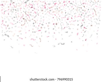 Rose Gold And Silver Confetti Flying On White Graphic Design. Glamour Tinsel Sparkle Elements Flying, Gradient Foil Texture Serpentine Streamers Confetti Falling Festive Background.