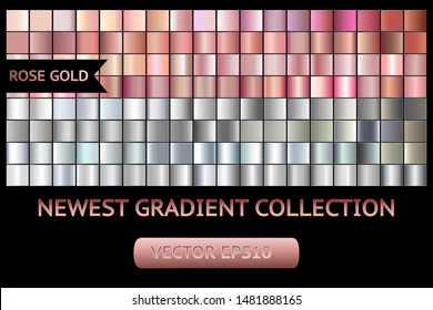 Rose gold silver metal gradient chrome texture background set. Rose gold gray metal chrome texture vector icon foil collection.Gold rose silver background for banner, ribbon, label. Gold shine design