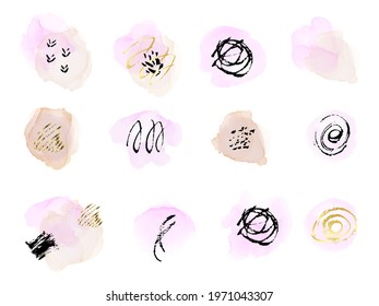 Rose gold and soft brown ink, pastel pink shapes frame boho  decoration. Watercolor abstract painting background.  Rough liquid circle with black, gold lines. Vector illustration