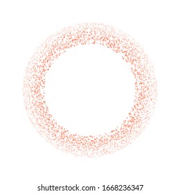 Rose gold splash or glittering spangles round frame with empty center for text. Rose gold glittering circle made of tiny uneven round dots on white background. Vector illustration