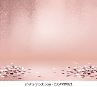 Rose gold studio scene Background with sequins. Realistic Empty light interior for product presentation background.