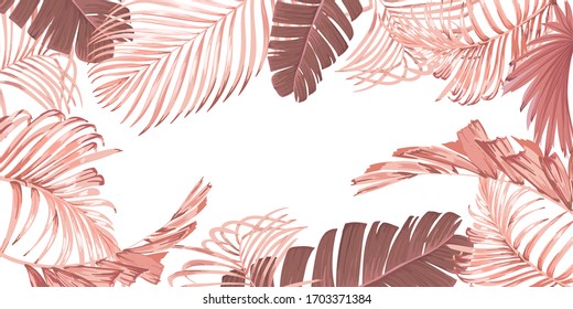 Oro rosa verano tropical hojas de palma trópicas vector de fondo.