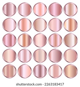 Rose gold texture gradient round plates vector set. Metallic design for frames, banners and labels. Realistic abstract pink golden patterns over white. Elegant light and shiny metal template.