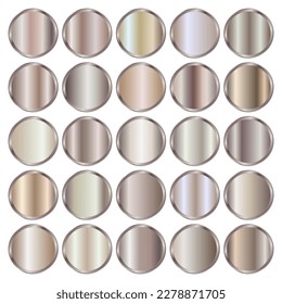 Juego de vectores de gradientes redondeados de textura dorada de rosa. Diseño metálico para marcos, banners y etiquetas. Patrones dorados rosados abstractos y realistas sobre el blanco. Elegante luz y brillante plantilla de metal.