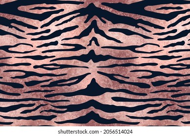 Rose Gold Tiger pattern background. Vector pink golden wild animal skin texture, black stripes on shiny foil background luxury print. Abstract jungle safari wallpapers.