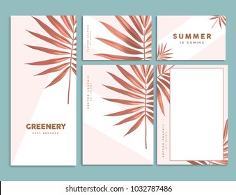 Rose Gold Tropical Palm Leaf Corporate Identity Template Design. Business Stationery. Vector Illustration.