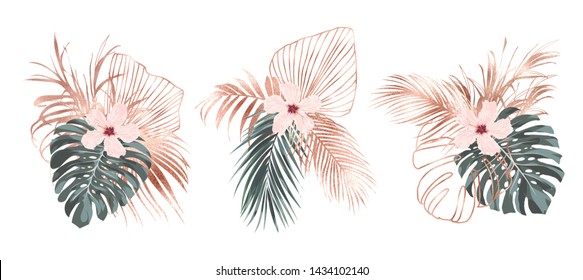 Rose gold tropical palm leaves and hibiscus flowers composition card design.