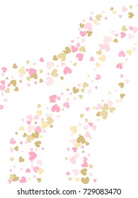 Rose gold Valentine's day scatter of doodle hearts banner or card template. Flying heart confetti vector pattern. Holiday decoration with tenderness symbols confetti flying, love background vector. 