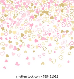 Rose gold Valentine's day scatter of doodle hearts banner or card template. Flying heart confetti vector pattern. Holiday decoration with tenderness symbols confetti flying, love background vector