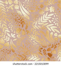 Rose gold. Vector decorative background with rose gold effect. Gold foil texture. Floral background