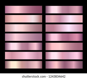 Rose Gold Vector pink foil texture gradients templates set. Collection of pink metallic gradient illustration gradation for backgrounds, cover, frame, ribbon, banner, flyer, card poster design