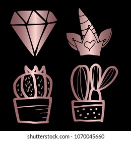 Rose Gold Vector Set Collection of Diamond, Unicorn, Cactus / Cacti Succulent. Flat Line Icon Logo, Sign, Symbol, Object, Graphic Design Element, Illustration, Poster, Print, Background.