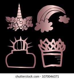 Rose Gold Vector Set Collection of Unicorn Flower, Cactus / Cacti Succulent, Rainbow. Flat Line Icon Logo, Sign, Symbol, Object, Graphic Design Element, Illustration, Poster, Print, Background.