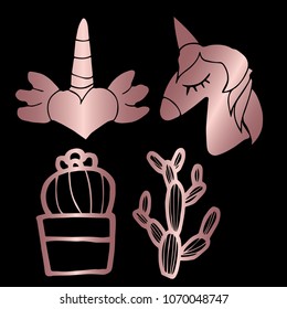 Rose Gold Vector Set Collection of Unicorn Horse, Cactus / Cacti Succulent, Heart Shape. Flat Line Icon Logo, Sign, Symbol, Object, Graphic Design Element, Illustration, Poster, Print, Background.