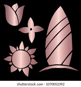 Rose Gold Vector Set Collection of Summer Surfboard, Sun, Flower Rose Petals. Flat Line Icon Logo, Sign, Symbol, Object, Graphic Design Element, Illustration, Poster, Print, Background.