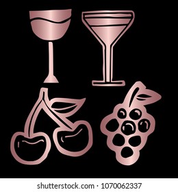 Rose Gold Vector Set Collection of Wine Glass, Beer Drinks, Fruit Food Cherry Grapes. Flat Line Icon Logo, Sign, Symbol, Object, Graphic Design Element, Illustration, Poster, Print, Background.