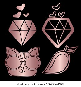 Rose Gold Vector Set Collection of Cat Sunglasses, Diamond Heart, Mango Fruit Food. Flat Line Icon Logo, Sign, Symbol, Object, Graphic Design Element, Illustration, Poster, Print, Background.