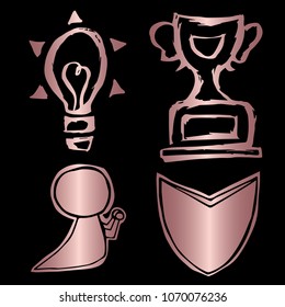 Rose Gold Vector Set Collection of Idea Business, Trophy, Shield, Pray. Flat Line Icon Logo, Sign, Symbol, Object, Graphic Design Element, Illustration, Poster, Print, Background.