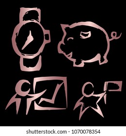 Rose Gold Vector Set Collection of Watch, Piggy Bank, Graph People, Business Flag. Flat Line Icon Logo, Sign, Symbol, Object, Graphic Design Element, Illustration, Poster, Print, Background.