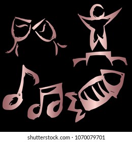 Rose Gold Vector Set Collection of Wine Glass, People Champion, Music, Fireworks. Flat Line Icon Logo, Sign, Symbol, Object, Graphic Design Element, Illustration, Poster, Print, Background.