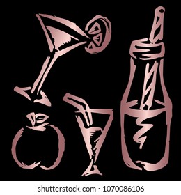 Rose Gold Vector Set Collection of Cocktail Alcohol Beer Drinks Glass, Apple Fruit Food. Flat Line Icon Logo, Sign, Symbol, Object, Graphic Design Element, Illustration, Poster, Print, Background.